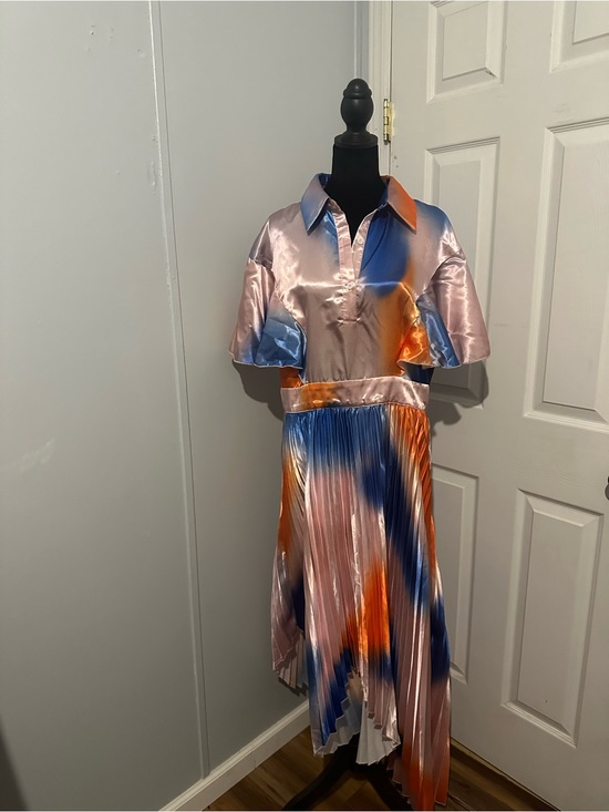 SHEIN Dresses & Skirts - SHEIN Multicolor Satin Asymmetrical Pleated Shirtdress in Pink, Blue & Orange